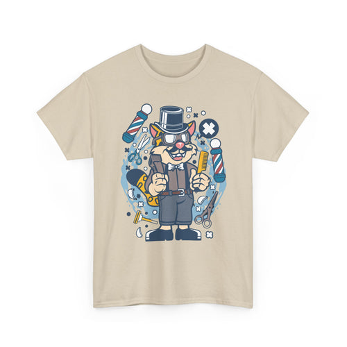 Beige t-shirt with a cartoon barber cat design