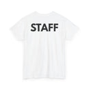 White t-shirt with 'STAFF' printed on the back 