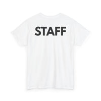 White t-shirt with 'STAFF' printed on the back 