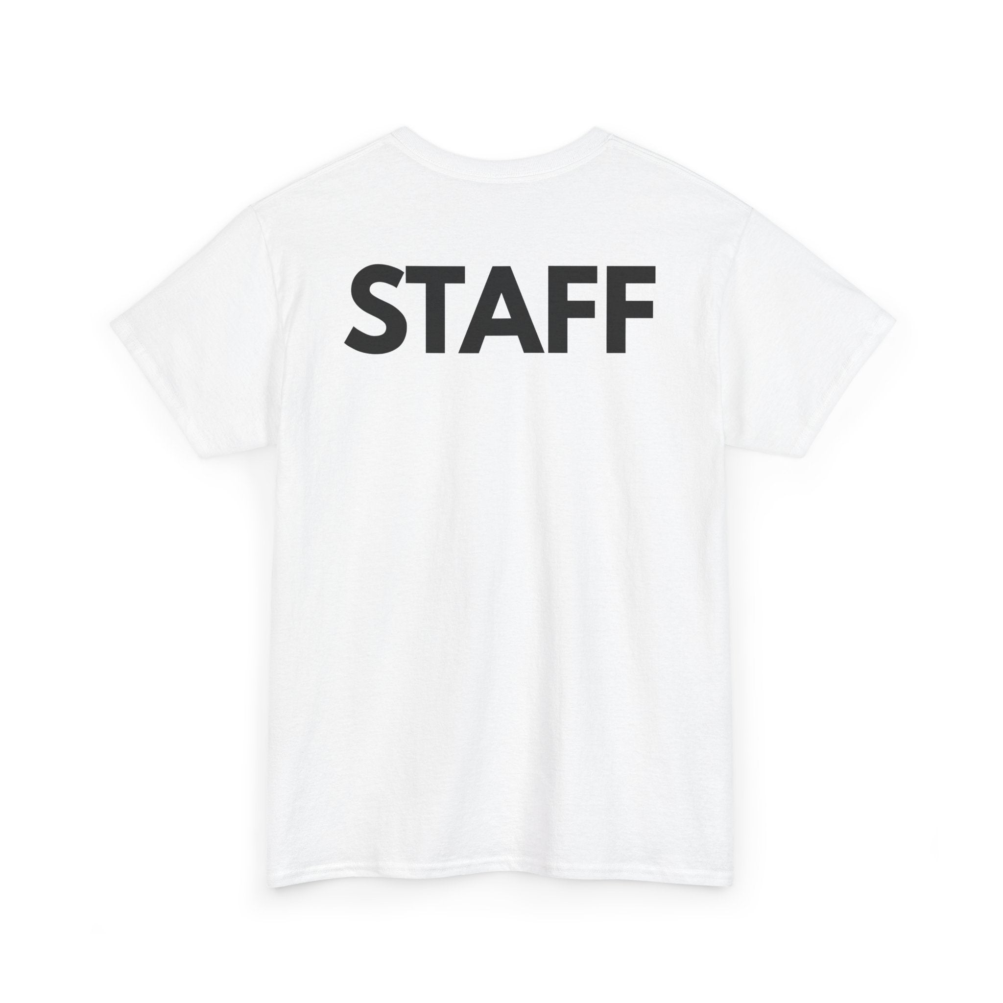 White t-shirt with 'STAFF' printed on the back 