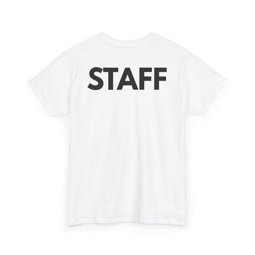 White t-shirt with 'STAFF' printed on the back 