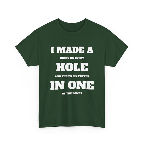 Green t-shirt with humorous golf text design