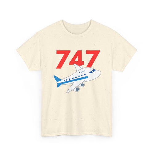 Beige t-shirt with a red '747' and blue airplane graphic
