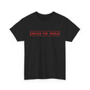 Black t-shirt with red text 'UNFUCK THE WORLD'