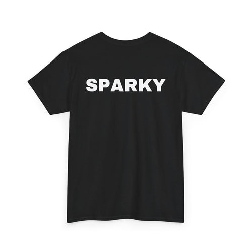 Black t-shirt with 'SPARKY' printed on the back