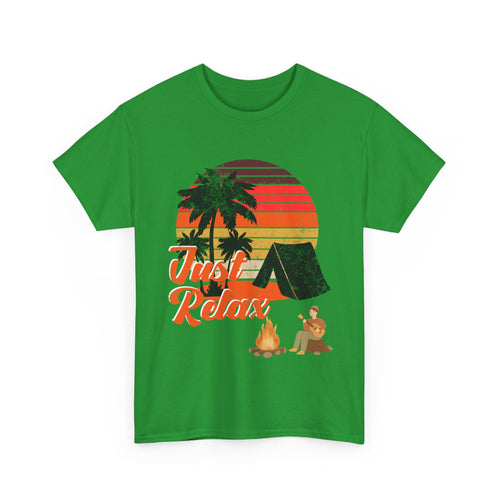 Just Relax, Camping T-Shirt with Tent and Campfire Design