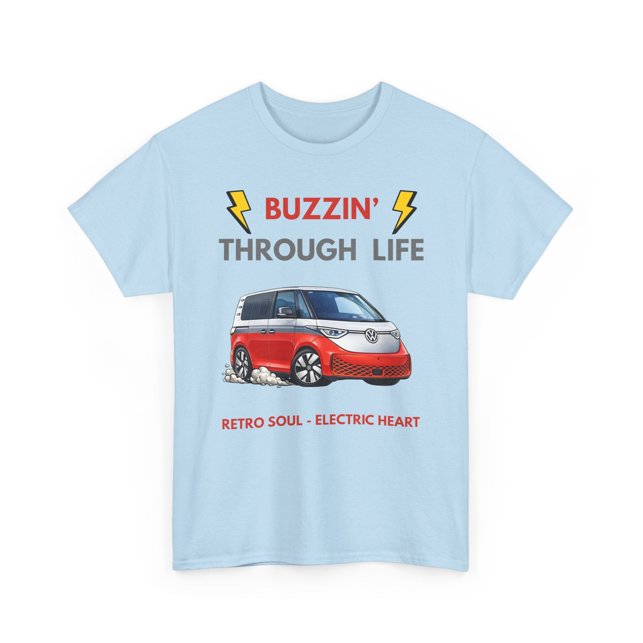 Buzzin' Through Life T-Shirt | Retro Soul Electric Heart Tee in Red/Silver 🚌⚡