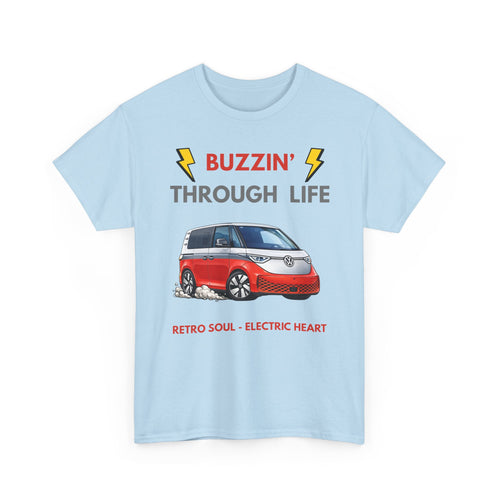 Buzzin' Through Life T-Shirt | Retro Soul Electric Heart Tee in Red/Silver 🚌⚡