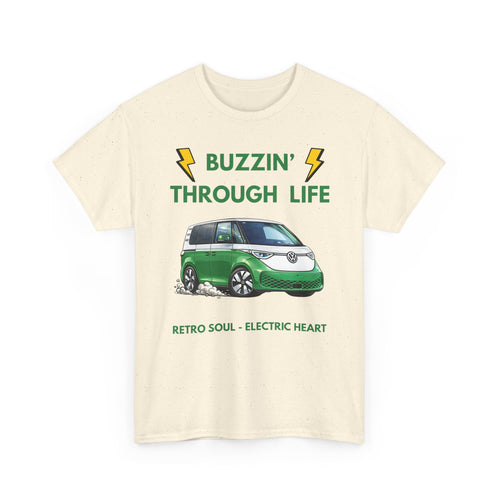 Buzzin' Through Life T-Shirt | Retro Soul Electric Heart Tee in Green/White 🚌⚡