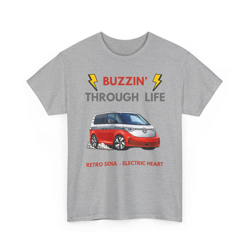 Buzzin' Through Life T-Shirt | Retro Soul Electric Heart Tee in Red/Silver 🚌⚡