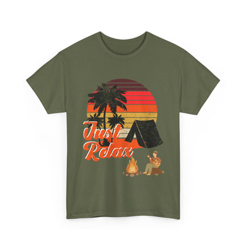 Just Relax, Camping T-Shirt with Tent and Campfire Design