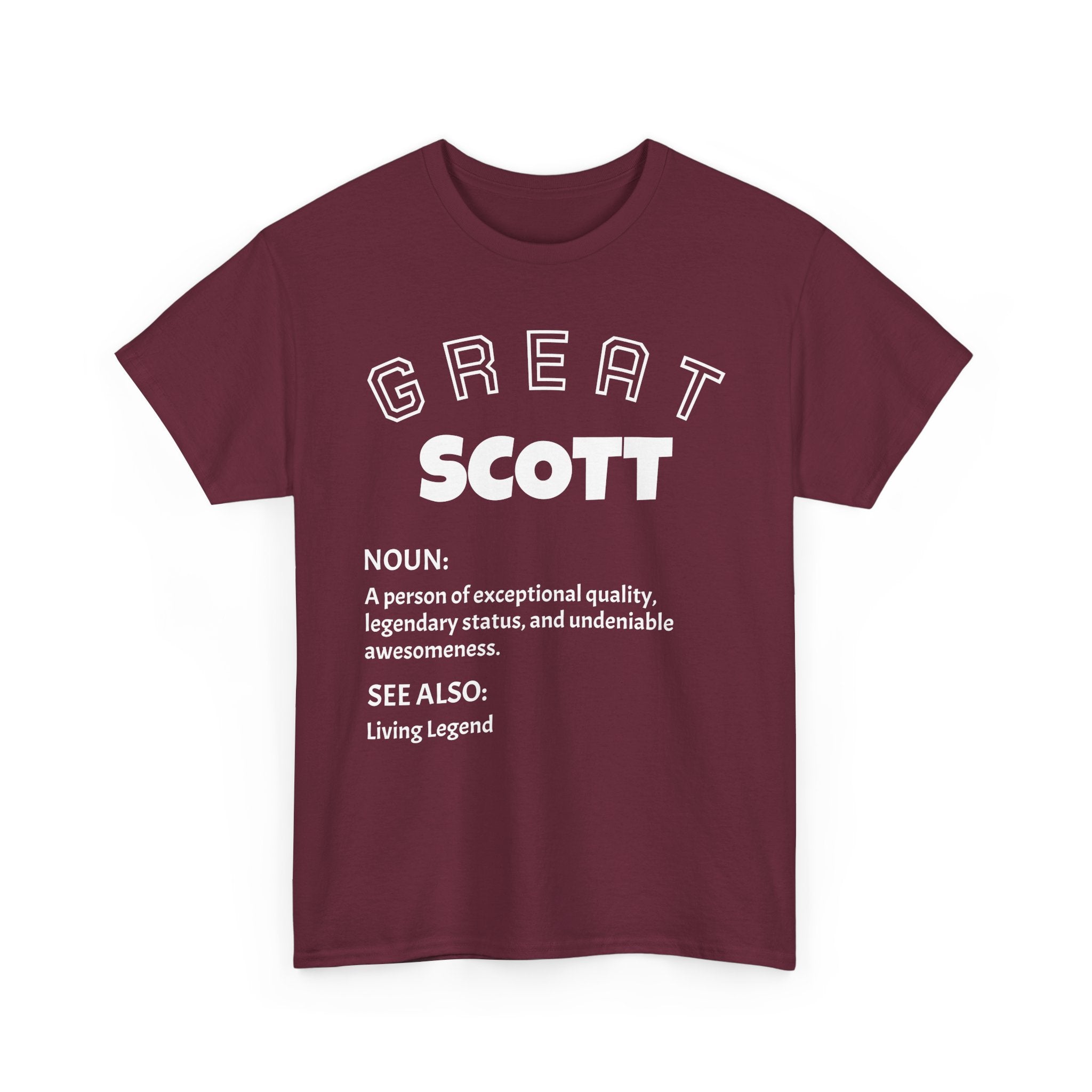 Maroon t-shirt with 'GREAT SCOTT' text and definition