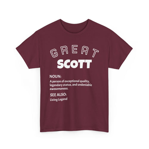 Maroon t-shirt with 'GREAT SCOTT' text and definition