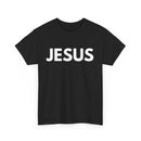 Black t-shirt with 'JESUS' printed in white on a white background