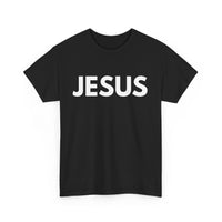 Black t-shirt with 'JESUS' printed in white on a white background