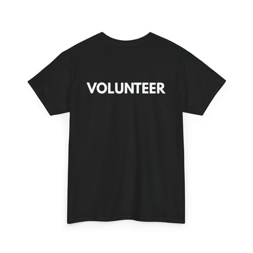Black t-shirt with 'VOLUNTEER' printed on the back against a white background