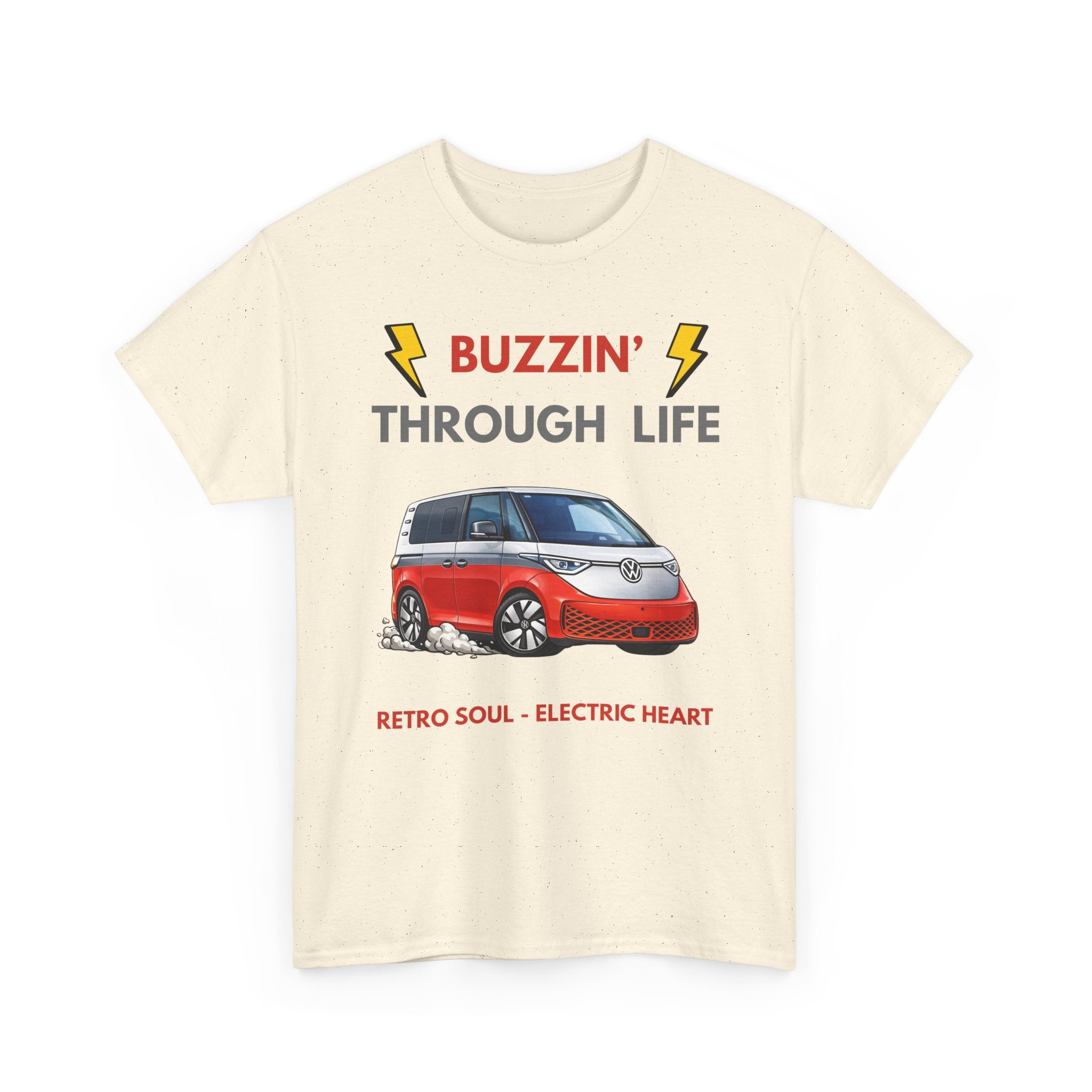 Buzzin' Through Life T-Shirt | Retro Soul Electric Heart Tee in Red/Silver 🚌⚡