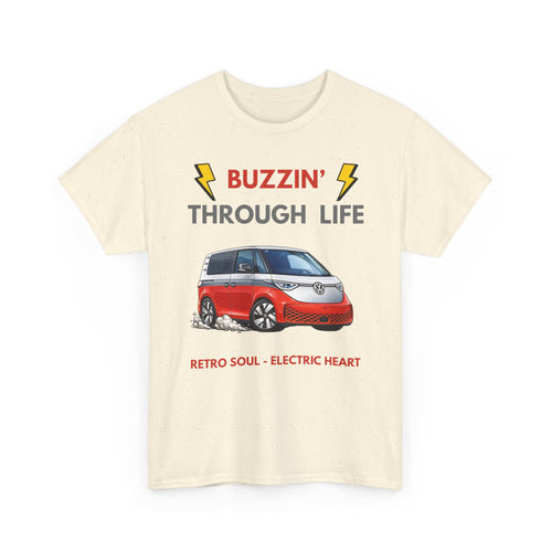 Buzzin' Through Life T-Shirt | Retro Soul Electric Heart Tee in Red/Silver 🚌⚡