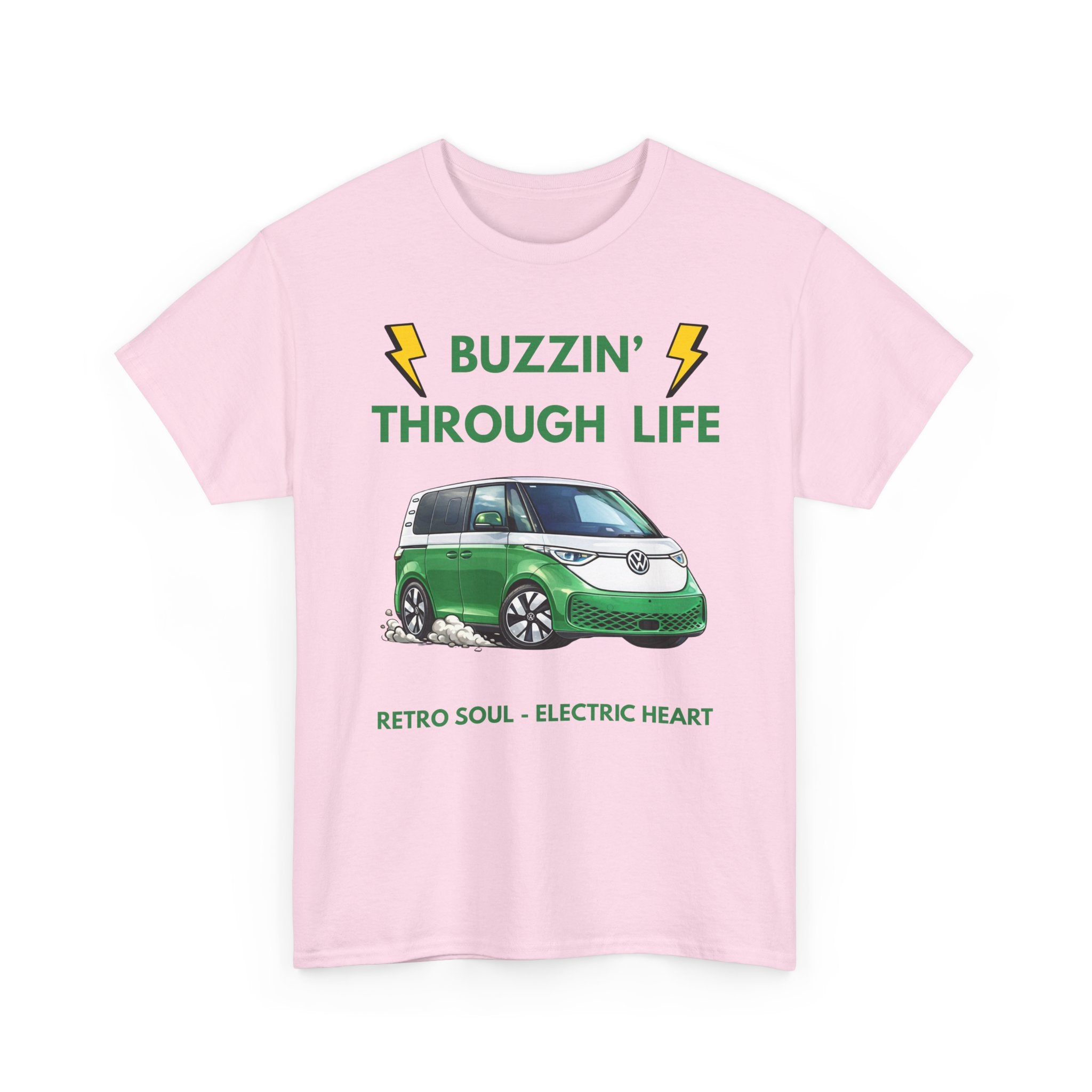 Buzzin' Through Life T-Shirt | Retro Soul Electric Heart Tee in Green/White 🚌⚡