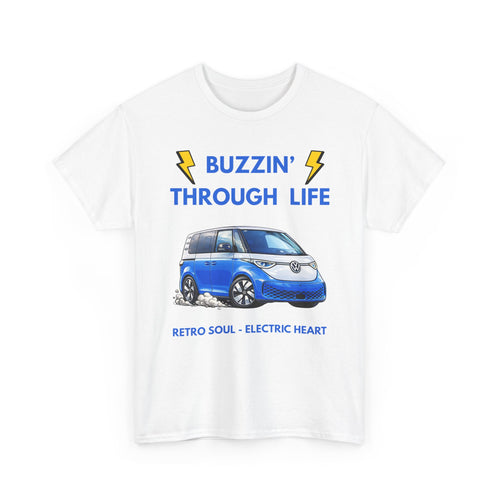White t-shirt with a ID Buzz blue electric van graphic and text