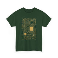 Green t-shirt with gold circuit board design