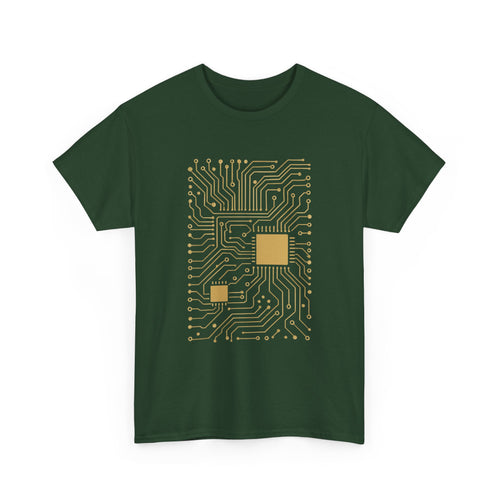 Green t-shirt with gold circuit board design