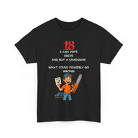 Funny 18th birthday T-shirt with text: “18: I can vote, drive and buy a chainsaw. What could possibly go wrong?” – shown on a male model wearing casual jeans