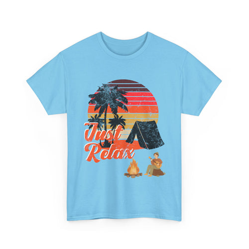 Just Relax, Camping T-Shirt with Tent and Campfire Design
