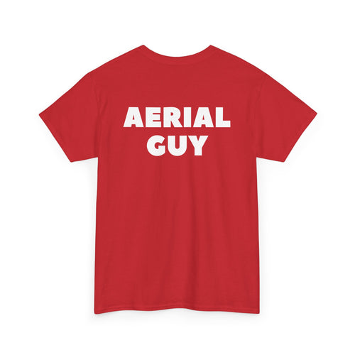 Red t-shirt with 'AERIAL GUY' text on the back