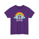 Purple t-shirt with a Kombi and rainbow design