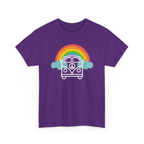 Purple t-shirt with a Kombi and rainbow design