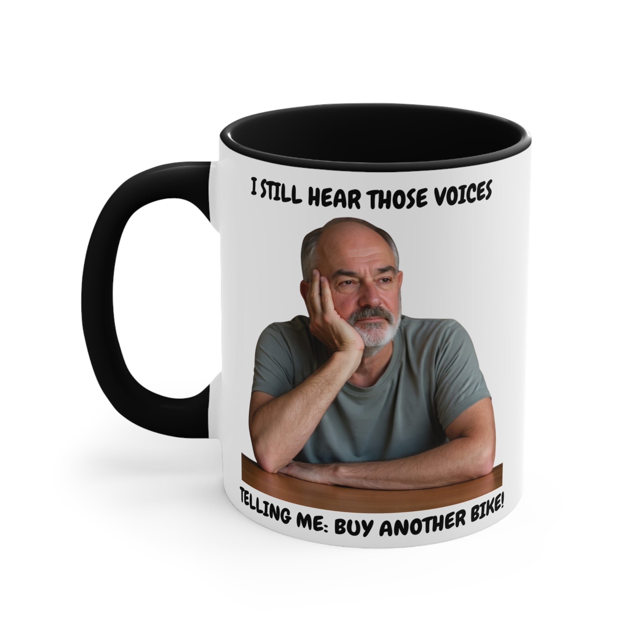 custom coffee mug with a humorous design of a man and text 