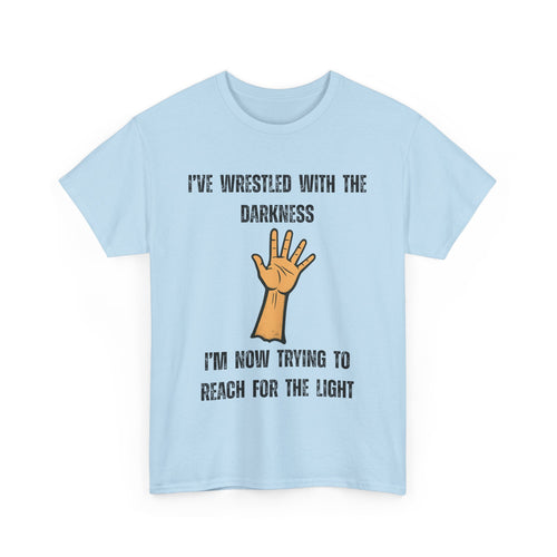 Light blue t-shirt with a graphic of a hand and text