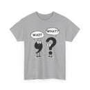 Gray t-shirt with cartoon question mark and exclamation point characters 