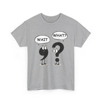 Gray t-shirt with cartoon question mark and exclamation point characters 