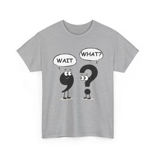 Gray t-shirt with cartoon question mark and exclamation point characters 