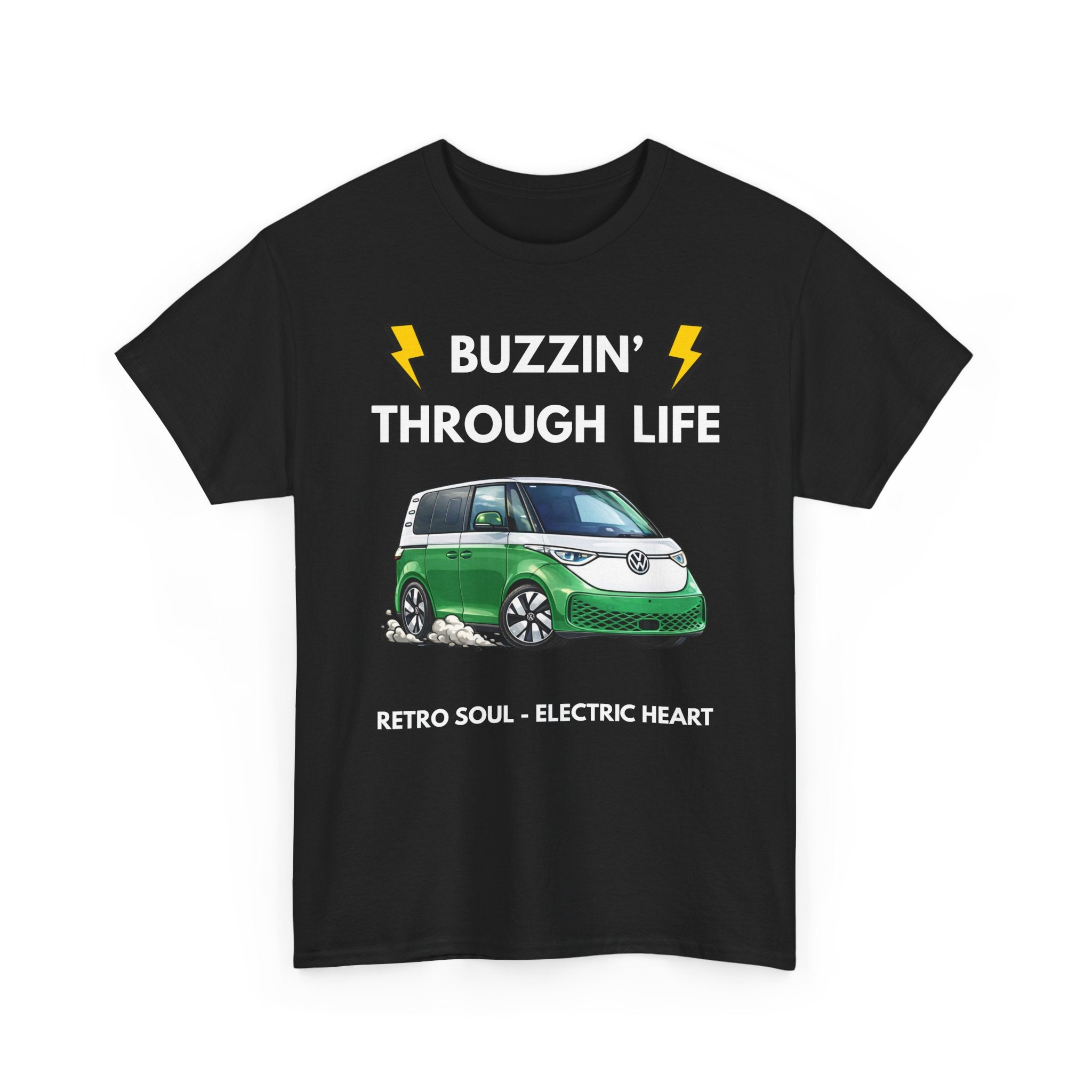 Buzzin' Through Life T-Shirt | Retro Soul Electric Heart Tee in Green/White 🚌⚡
