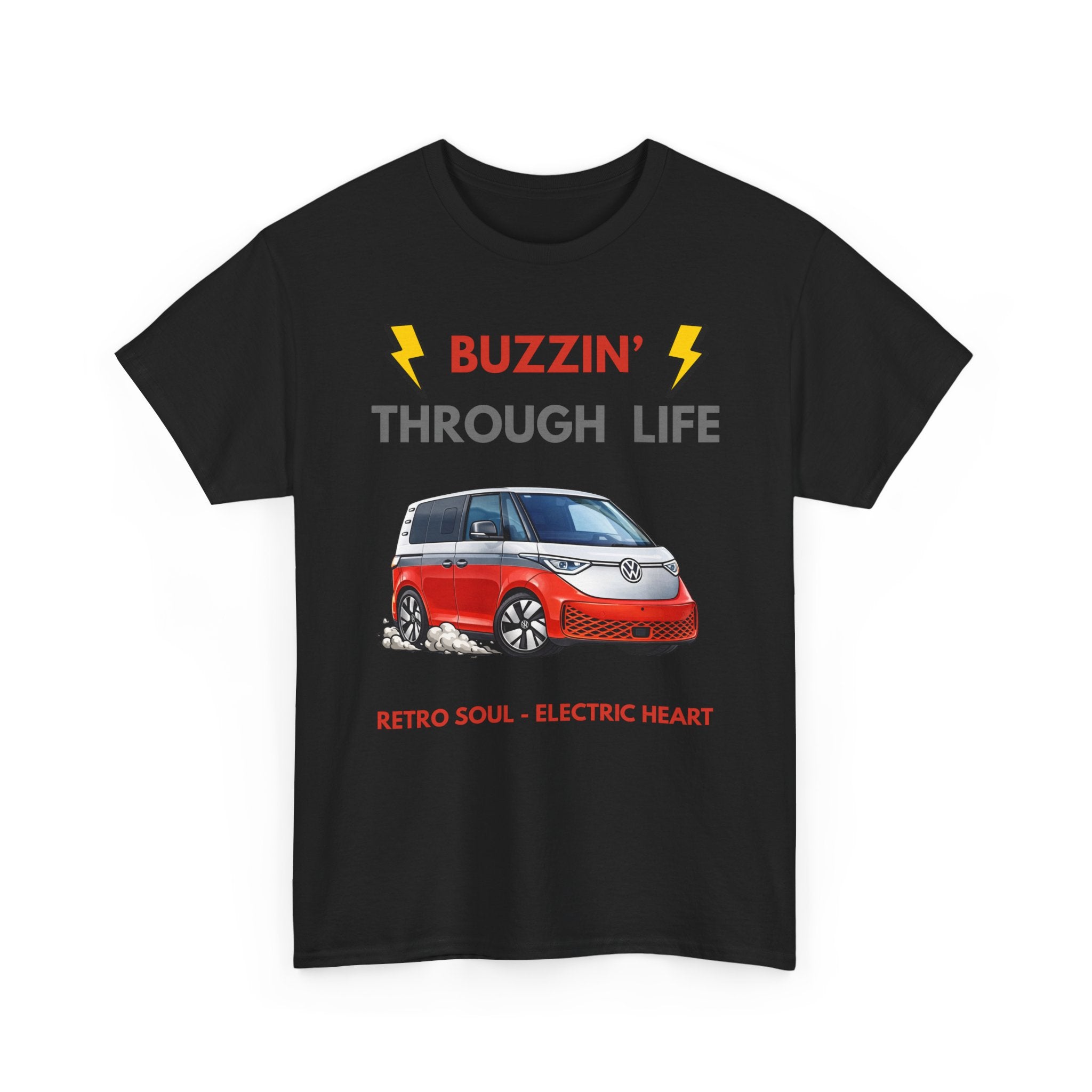 Buzzin' Through Life T-Shirt | Retro Soul Electric Heart Tee in Red/Silver 🚌⚡