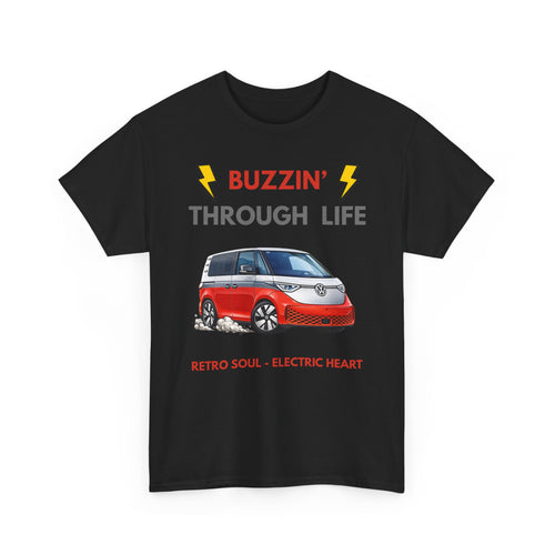Buzzin' Through Life T-Shirt | Retro Soul Electric Heart Tee in Red/Silver 🚌⚡