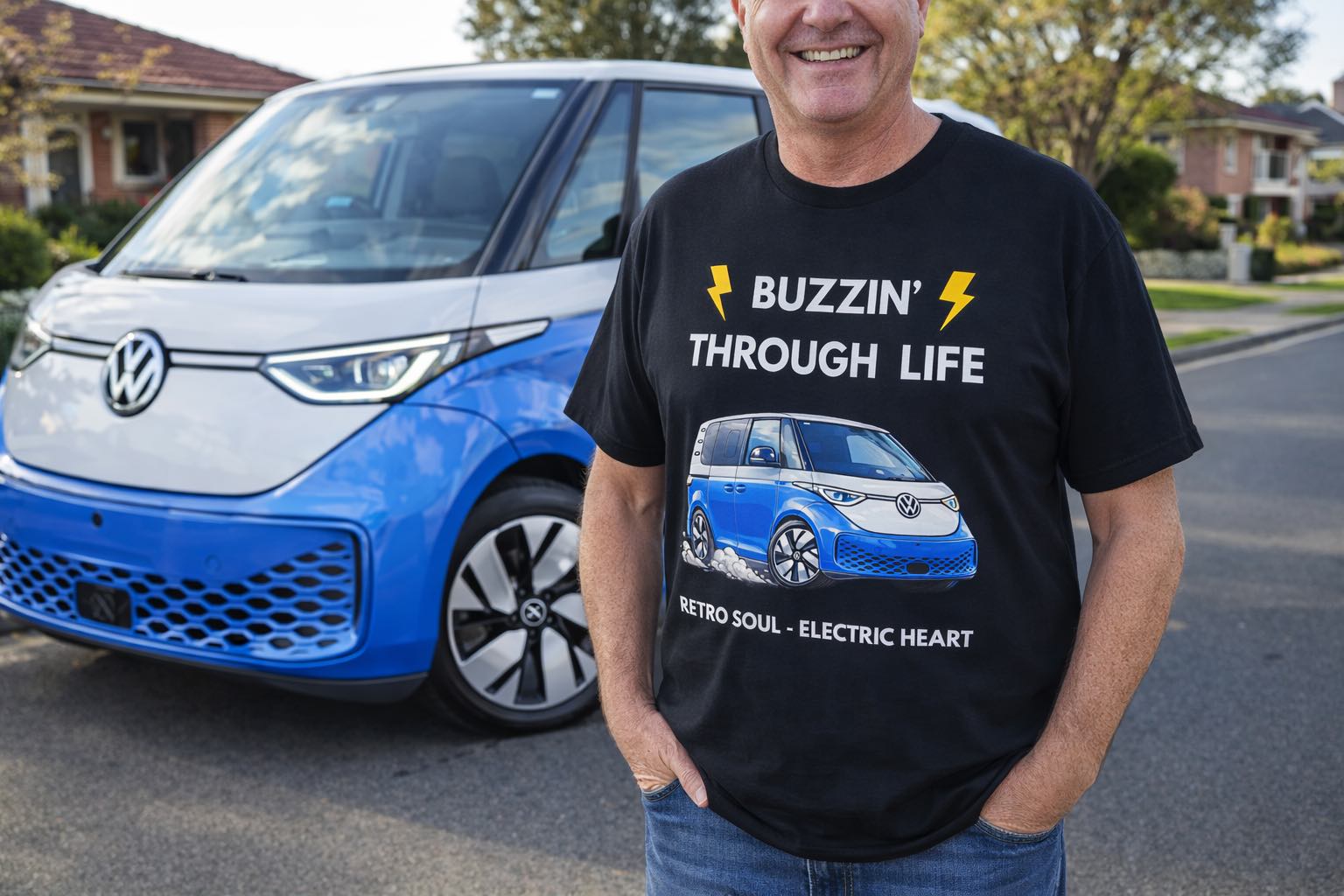 Buzzin' Through Life T-Shirt | Retro Soul Electric Heart Tee 🚌⚡