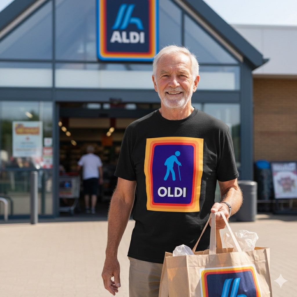 Oldi T-Shirt | Funny Old Man Aldi Supermarket Parody Logo Tee 🛒👴